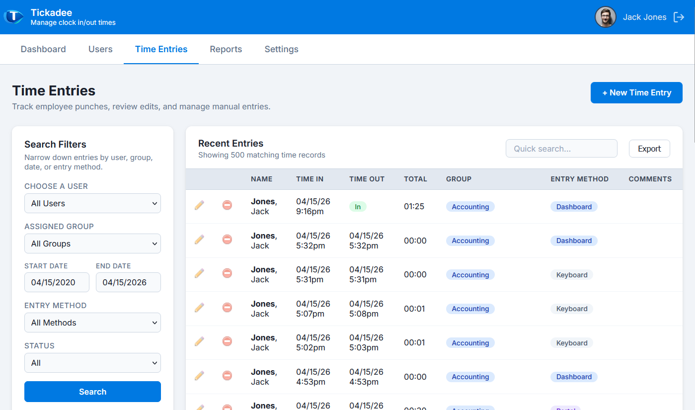 Tickadee time clock interface